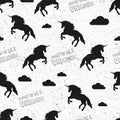 Unicorn wallpaper. Seamless pattern in swatch. Vector illustration. Born to be a unicorn. Jumping unicorns and clouds. Grunge vint