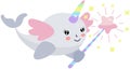 Unicorn whale with wings holding a star magic wand