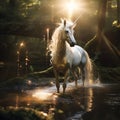 Unicorn white color in the lake and forest background