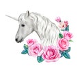 Unicorn is white with floral ornament. Wreath with roses. Watercolor.