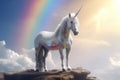 A unicorn, White pegasus unicorn in a cliff high above the clouds. Generative Ai Royalty Free Stock Photo