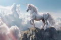 A unicorn, White pegasus unicorn in a cliff high above the clouds. Generative Ai Royalty Free Stock Photo