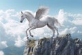 A unicorn, White pegasus unicorn in a cliff high above the clouds. Generative Ai Royalty Free Stock Photo