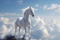 A unicorn, White pegasus unicorn in a cliff high above the clouds. Generative Ai Royalty Free Stock Photo