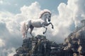 A unicorn, White pegasus unicorn in a cliff high above the clouds. Generative Ai Royalty Free Stock Photo