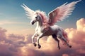 Unicorn with wings flying in the sky.