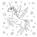 Unicorn with wings hand drawn by a black line. Decoration. Staining