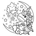 Unicorn winks sitting on the moon among the clouds and stars. Doodle style. Black and white image for coloring. Vector