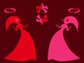 Unicorn Women Pair with Symbols and Accessories in Opposite Struggle in Red and Pink Colors