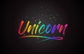 Unicorn Word Text with Handwritten Rainbow Vibrant Colors and Confetti
