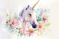 Unicorn with a wreath of flowers Watercolor