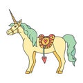 Unicorn yellow with a green mane and a cute saddle. Illustration clip art of a horse outlined on a white background. Cute pony in