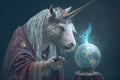 A unicornas a sorcerer, predicting financial crisis, created with Generative AI technology