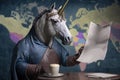 A unicornas a sorcerer, predicting financial crisis, created with Generative AI technology