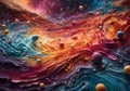 Colourful background of a swirling paper-art galaxy with planets
