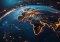 Futuristic Orbital Horizon: AI-Rendered Global Cityscape and world map