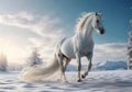 Snowbound Elegance: Beautiful White Horse in Frozen Mountain Landscape