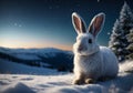 Silent Watcher: Snow Hare Amidst Frozen Mountain and Starry Night Royalty Free Stock Photo