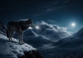 Guardian of the Night: Lone Wolf Amidst Snowy Mountains, Full Moon, and Starry Sky