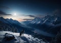 Moonlit Night: Lone Wolf Beneath Full Moon and Starry Sky in Frozen Mountains