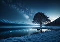 A froze moment: Solitary tree, Milky Way Night Sky Landscape Royalty Free Stock Photo