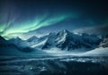 Arctic wonderland: Snow-Covered Mountain, Aurora Borealis Night Sky Landscape