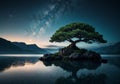 Solitude Under the Stars: Tree on Island, Milky Way Night Sky Landscape Royalty Free Stock Photo