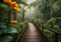 Jungle Oasis: Wooden Walkway Amidst Lush Foliage