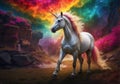 Rainbow Wanderlust: White Unicorn in Vibrant Dreamscape Royalty Free Stock Photo