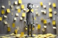 Overwhelmed: Puppet Standing in front of a Wall of Tasks