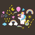 Unicorns collection. Illustration of cute cartoon multi colored Unicorn with rainbow mane. Vector format