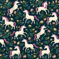 Unicorns on a dark background with a fairy forest. Seamless pattern.