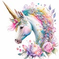 Unicorns, fairies and ranbows in a watercolor on white background