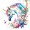 Unicorns, fairies and ranbows in a watercolor on white background