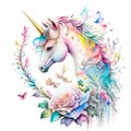 Unicorns, fairies and ranbows in a watercolor on white background