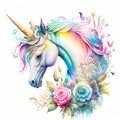 Unicorns, fairies and ranbows in a watercolor on white background