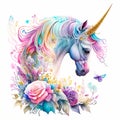 Unicorns, fairies and ranbows in a watercolor on white background