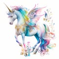 Unicorns, fairies and ranbows in a watercolor on white background