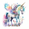 Unicorns, fairies and ranbows in a watercolor on white background