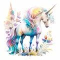 Unicorns, fairies and ranbows in a watercolor on white background