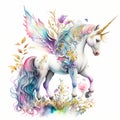 Unicorns, fairies and ranbows in a watercolor on white background