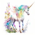 Unicorns, fairies and ranbows in a watercolor on white background