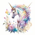 Unicorns, fairies and ranbows in a watercolor on white background