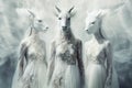 Unicorns in long white dresses , concept of Mythical creatures, created with Generative AI technology