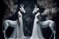 Unicorns in long white dresses , concept of Mythical creatures, created with Generative AI technology