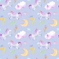 Unicorns, moon, flowers pattern