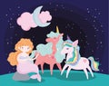 Unicorns playing with mermaid characters magic dream cartoon