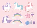 Unicorns rainbows flowers magical fantasy dream cute cartoon set