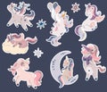 Unicorns sticker set. For party, print, baby shower, stickers, card, posters, design, decor, linen, dishes, t-shirt and kids