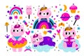 Unicorns with sweets. Fabulous kawaii cats. Pink kittens with color horn. Magic fairy tale characters on clouds and